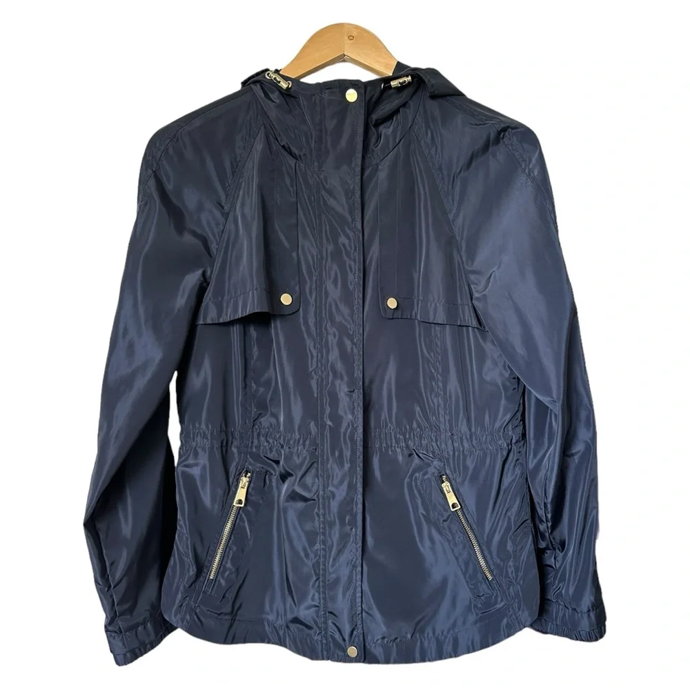 Zara Navy Blue Rain Jacket Hooded Full Zip Gold Tone Zippers & Snaps Size Medium - Picture 10 of 16